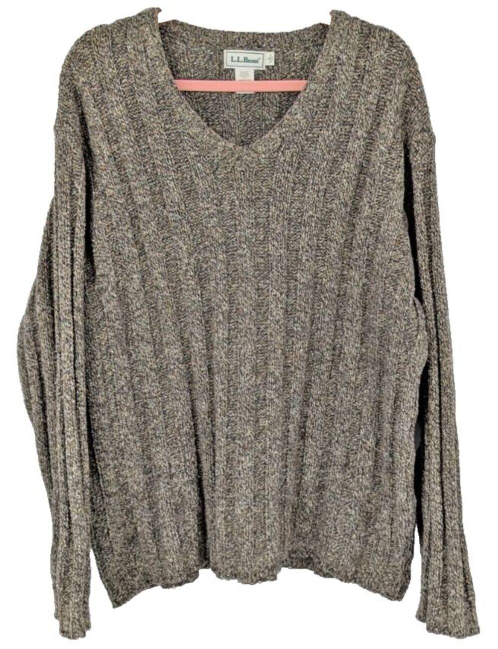L.L.BEAN Mens Sweater LARGE Gray Heather Cotton Blend V Neck Heavyweight USA